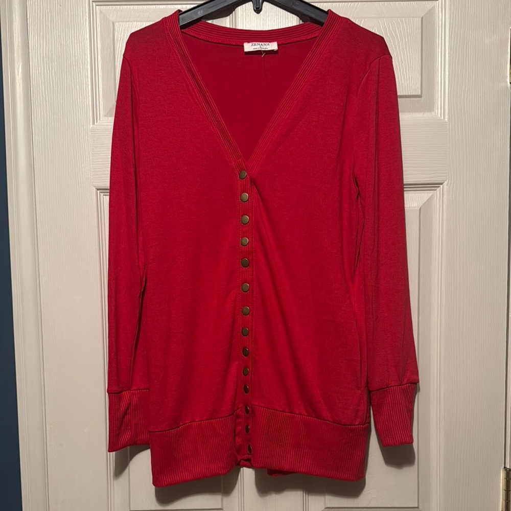 Red Button-Up Women's Cardigan